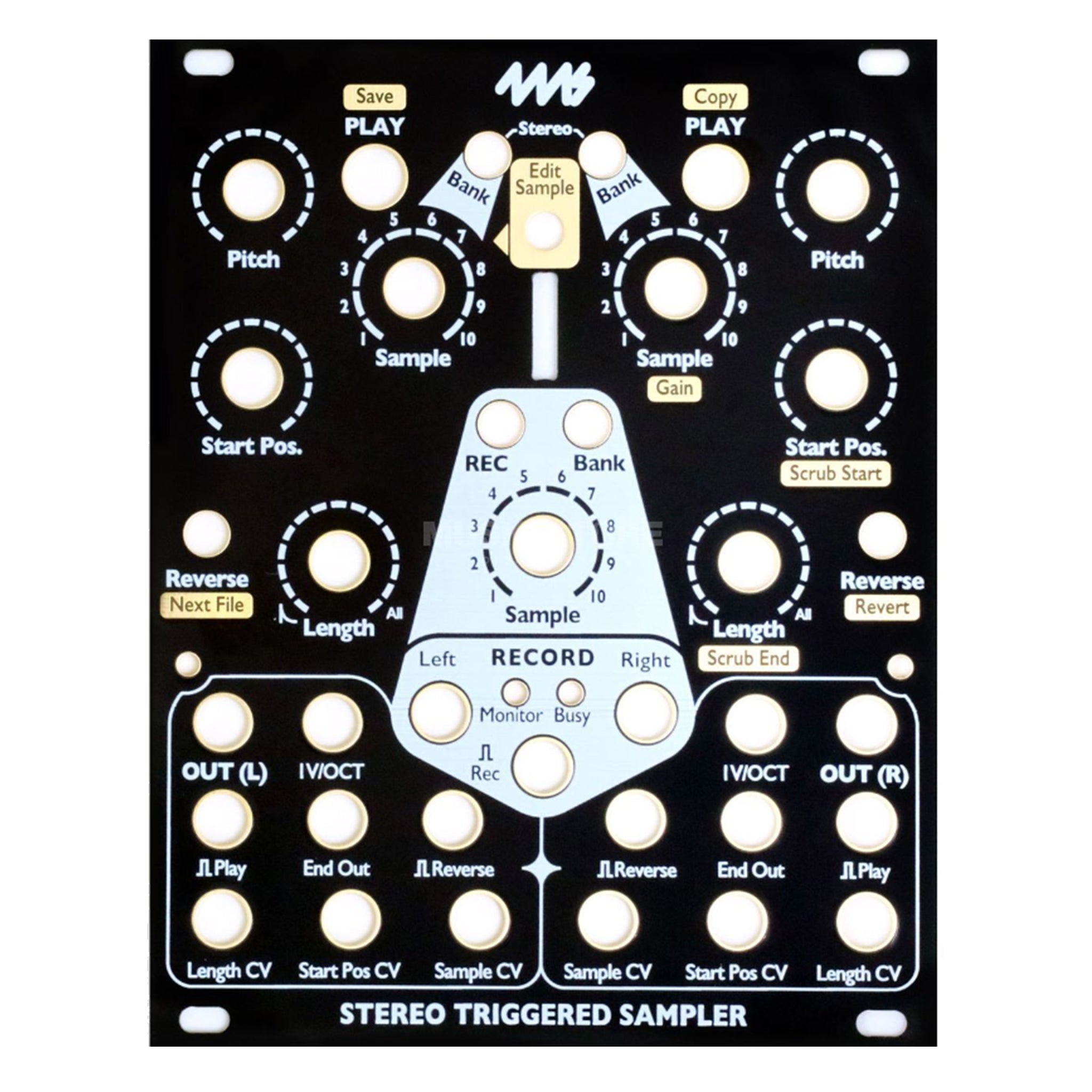 Black metal faceplate with multiple labeled holes for knobs, buttons, and jacks for stereo triggered sampler module.
