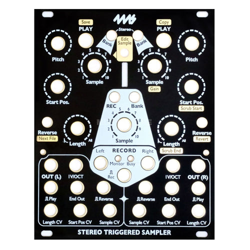 Black metal faceplate with multiple labeled holes for knobs, buttons, and jacks for stereo triggered sampler module.