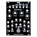 Black faceplate for a Tapographic Delay module with multiple labeled knobs and buttons including Level, Time, Feedback, and Modulation.