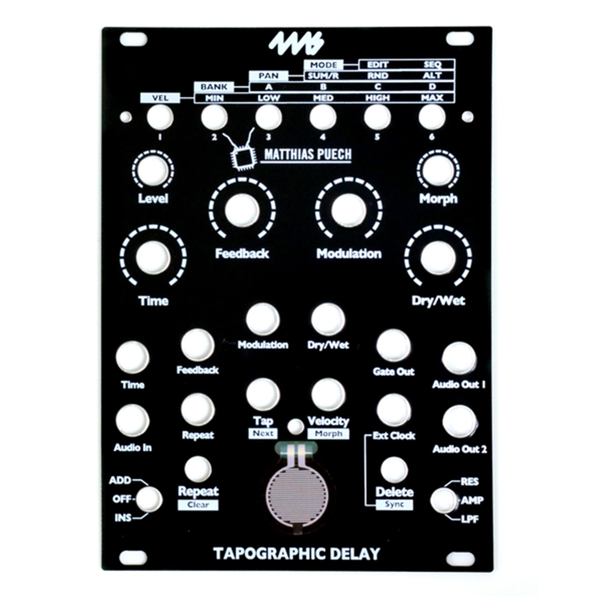 Black faceplate for a Tapographic Delay module with multiple labeled knobs and buttons including Level, Time, Feedback, and Modulation.