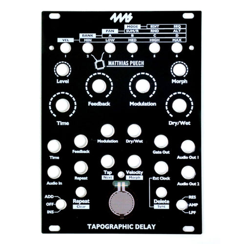 Black faceplate for a Tapographic Delay module with multiple labeled knobs and buttons including Level, Time, Feedback, and Modulation.