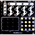 Black module faceplate with multiple jack sockets and knobs labeled for input, output, gain, and mute controls.