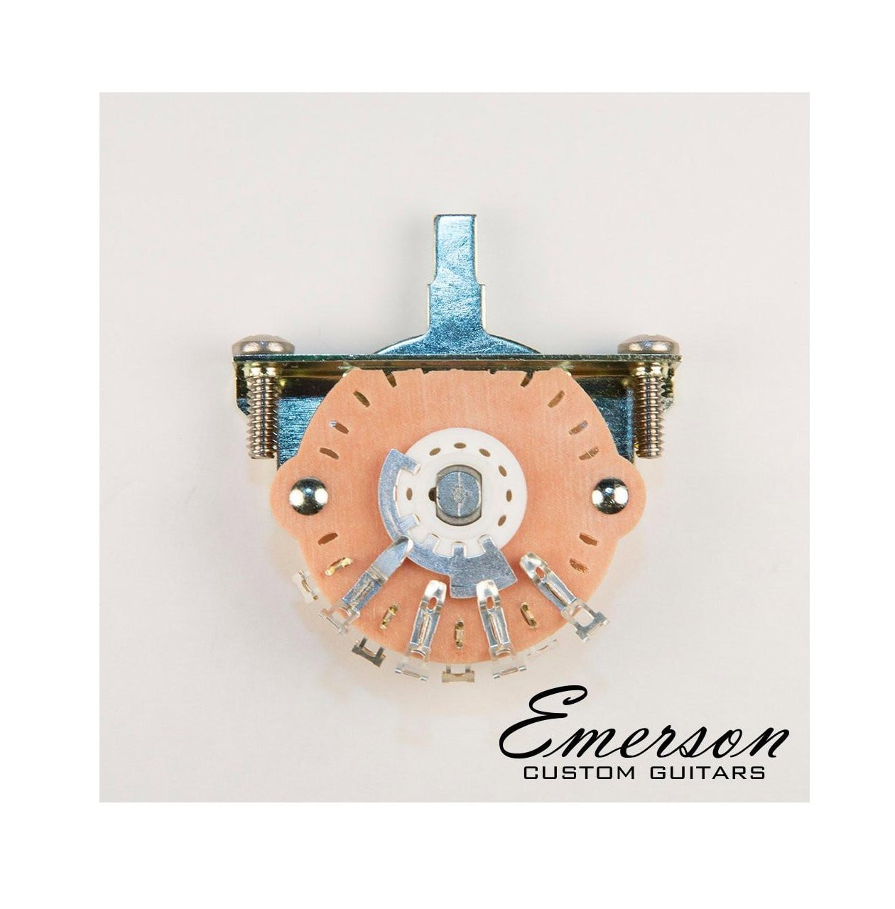 Round guitar lever switch with multiple spade terminals and mounting screws on a white background.