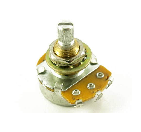 Small rotary potentiometer with a metal shaft, three solder lug terminals, and securing nut and washer.