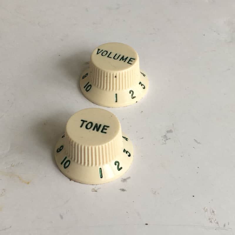 Two Vintage Fender Knobs Strat Green Numbers Fonts Relic Stratocaster 3 Spokes