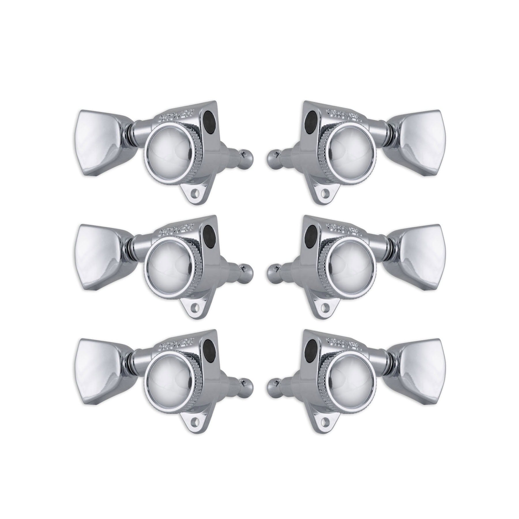 Set of six chrome guitar machine heads arranged in two columns of three.