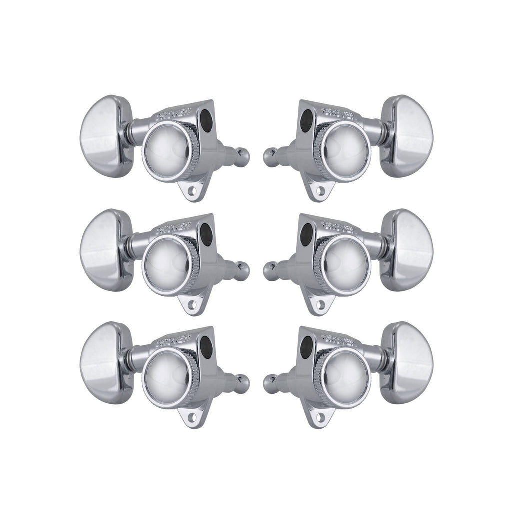 Six chrome locking guitar tuning machine heads with kidney-shaped knobs arranged in two rows of three.