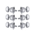 Six chrome locking guitar tuning machine heads with kidney-shaped knobs arranged in two rows of three.