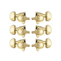 Set of six gold guitar tuning machine heads with kidney-shaped knobs arranged in two columns.