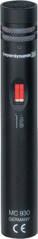 Black cylindrical microphone with a mesh top, slider switch, and beyerdynamic branding.