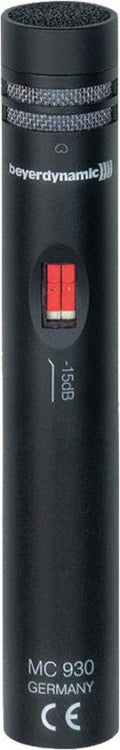 Black cylindrical microphone with a mesh top, slider switch, and beyerdynamic branding.