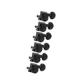 Six black locking guitar tuning machine heads arranged vertically on a white background.