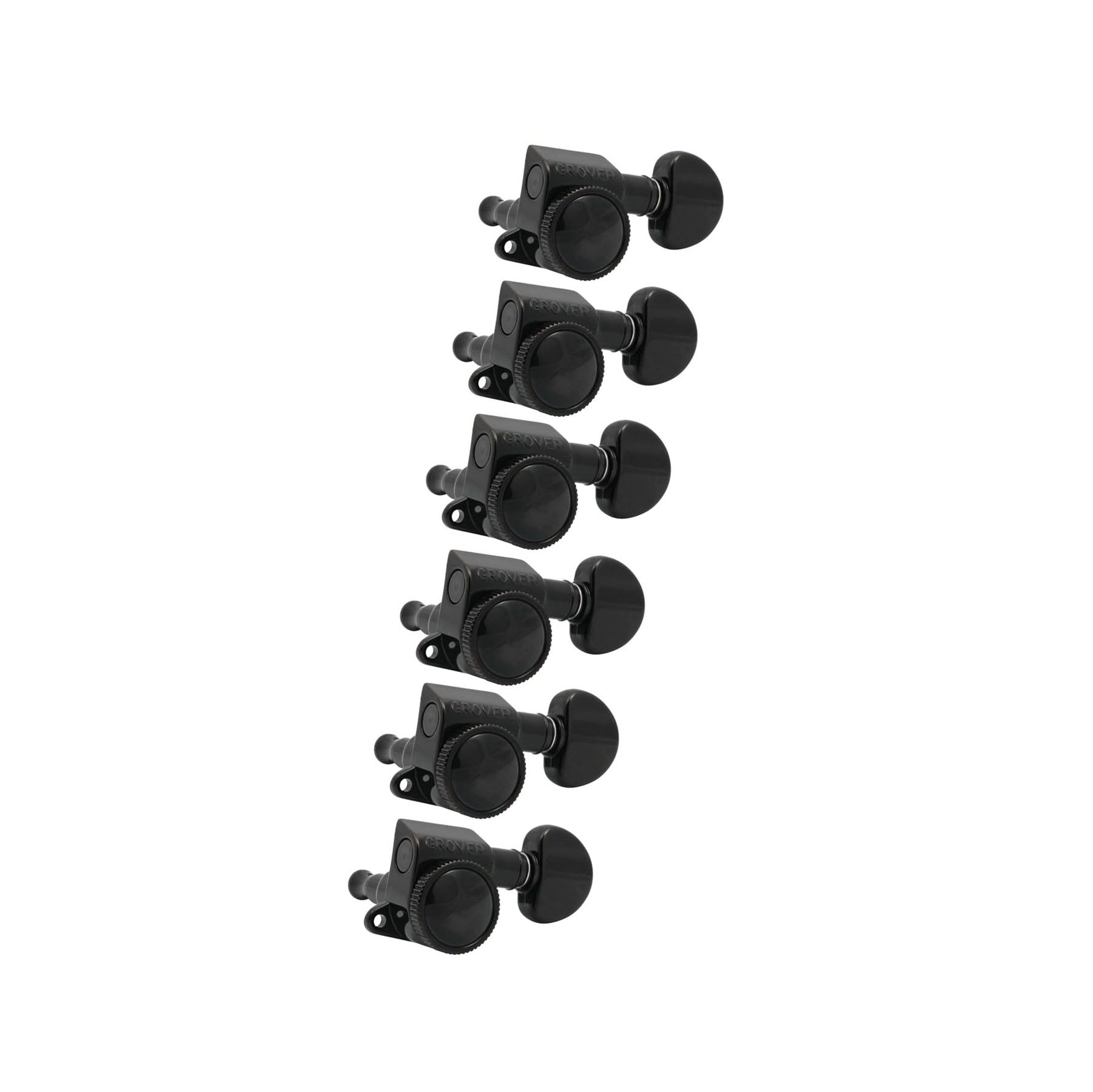 Six black locking guitar tuning machine heads arranged vertically on a white background.