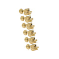 Set of six gold guitar tuning machine heads with kidney-shaped knobs in a vertical arrangement.
