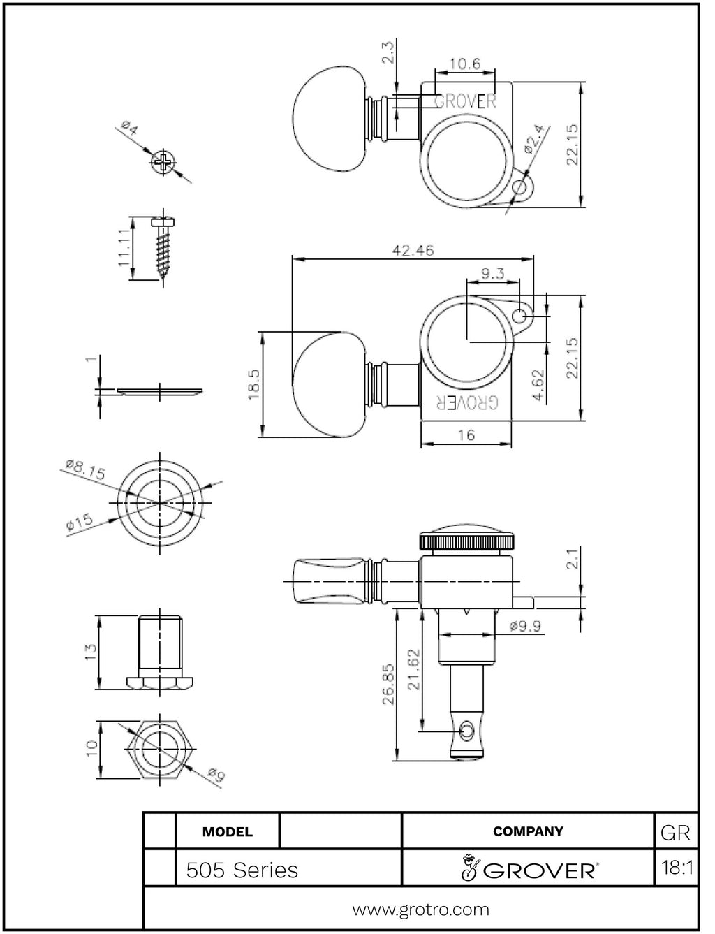 Grover 505BC6 Mid-Size Roto-Grip Locking Rotomatic Black Chrome Machine Heads 6 Inline – Kidney Style