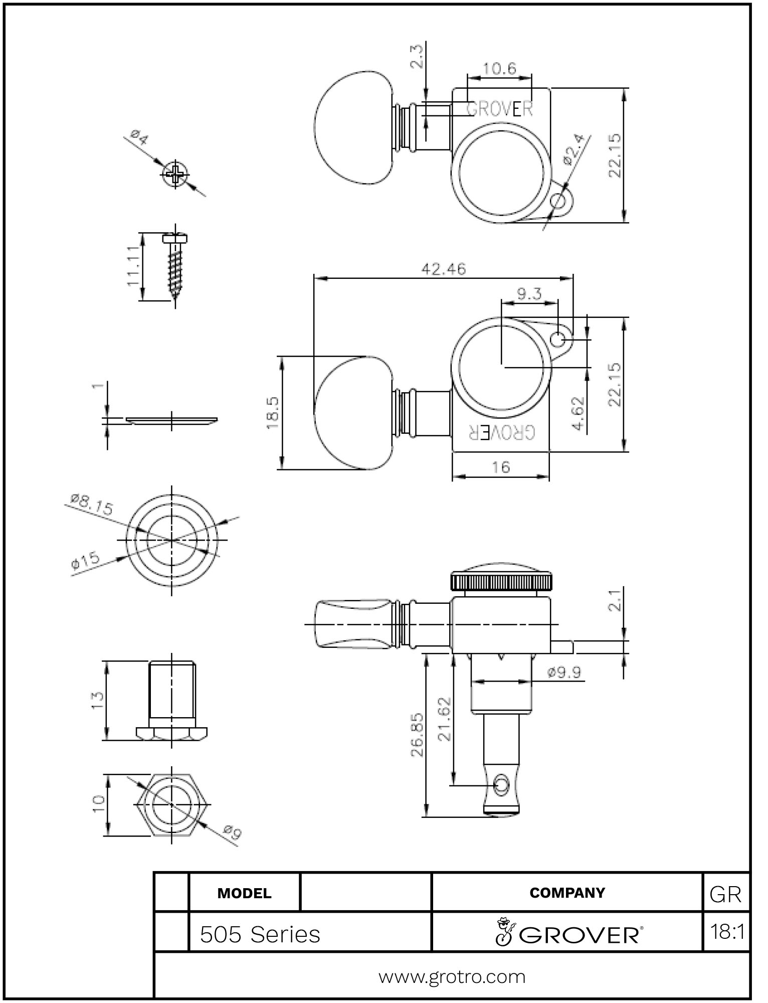 Grover 505GL6 Mid-Size Roto-Grip Locking Rotomatic Left Handed Gold Machine Heads 6 Inline – Kidney Style