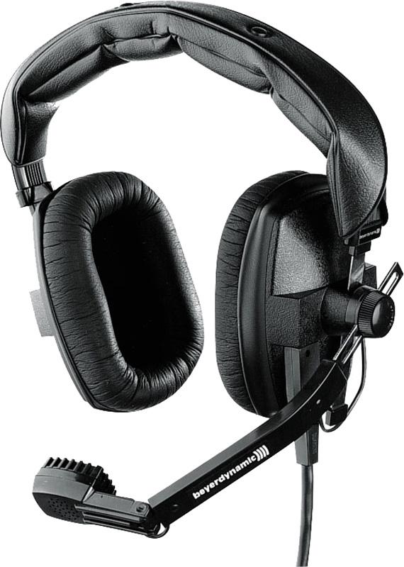 Black over-ear headphones with large cushioned ear pads and an attached boom microphone with a rotary knob.