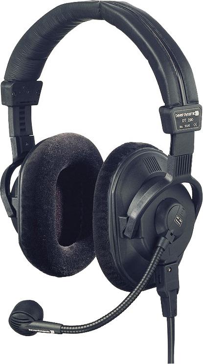 Black over-ear headphones with an attached flexible boom microphone and foam ear pads.
