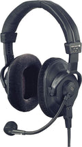 Black over-ear headphones with an attached flexible boom microphone and foam ear pads.
