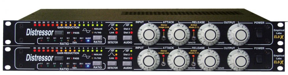 Front view of two black Empirical Labs Distressor EL8-X stereo compressor units stacked vertically.