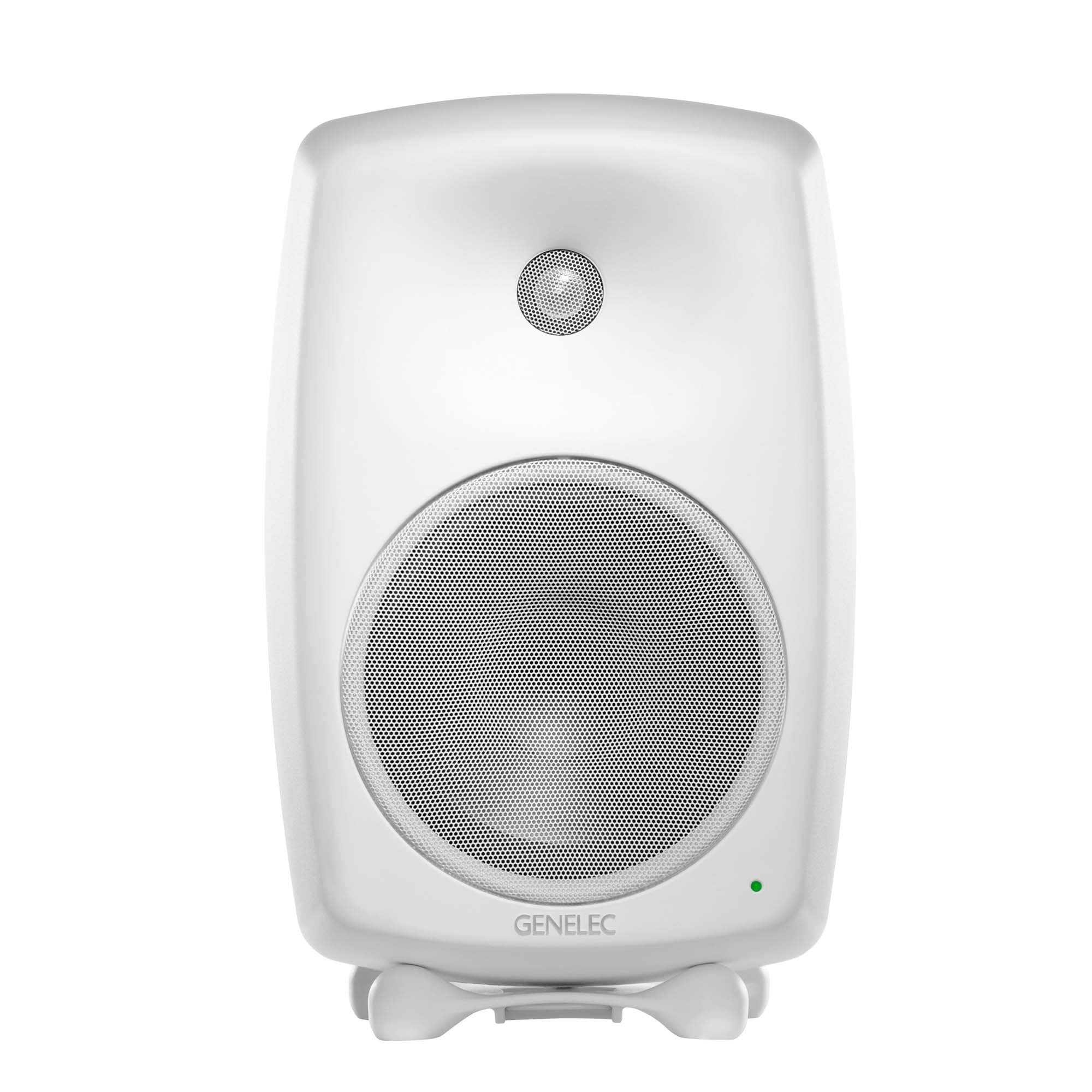 Front view of a white Genelec studio monitor speaker with a metal mesh grille and green indicator light.