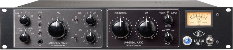 Front panel of a Universal Audio LA-610 Mk II preamp with knobs, switches, and a VU meter.