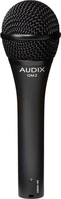 Black handheld microphone with metal mesh grille and AUDIX OM2 text on the body.