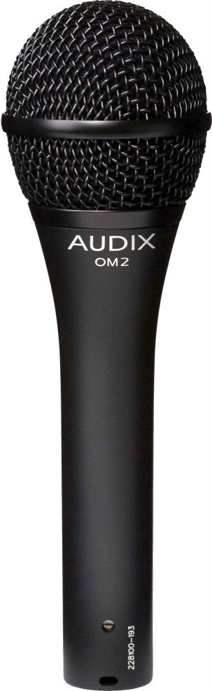 Black handheld microphone with metal mesh grille and AUDIX OM2 text on the body.