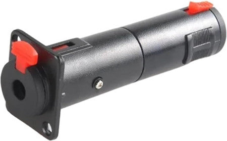 Black cylindrical female-to-female panel mount audio jack with red locking tabs.