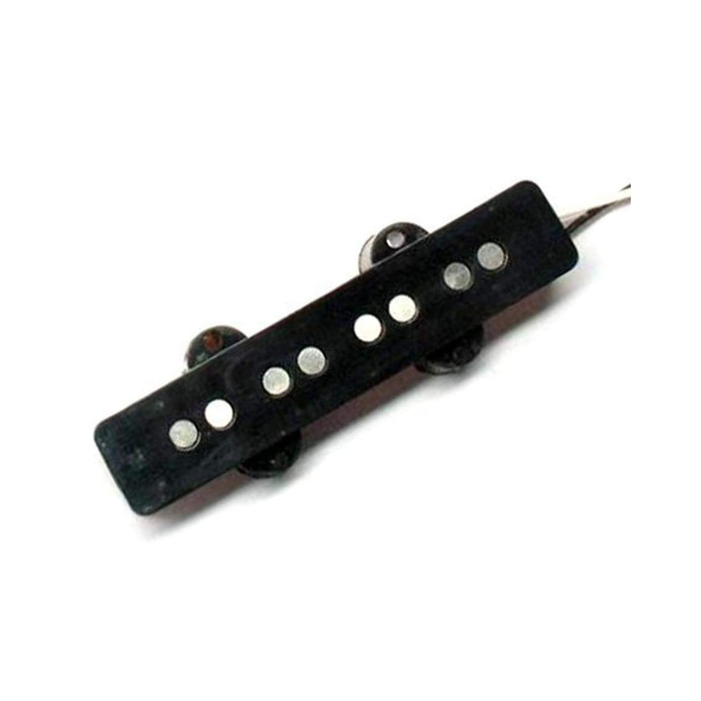 Black guitar pickup with eight silver pole pieces and attached wire.