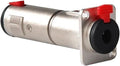 Silver metal cylindrical panel mount adapter with black female audio jack ends and red locking tabs.