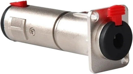 Silver metal cylindrical panel mount adapter with black female audio jack ends and red locking tabs.