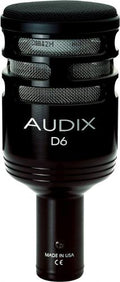 Black cylindrical microphone with metal mesh grille and white AUDIX D6 branding.