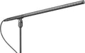 Long black shotgun microphone with metal grille mounted on black stand bracket with cable attached.