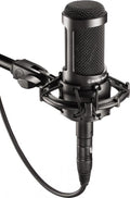 Black Audio-Technica microphone mounted in a shock mount with cable attached