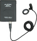 Black condenser preamp and small clip-on microphone connected by cable with mounting ring.