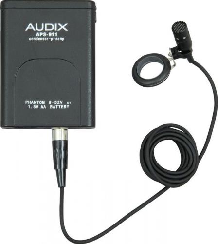 Black condenser preamp and small clip-on microphone connected by cable with mounting ring.