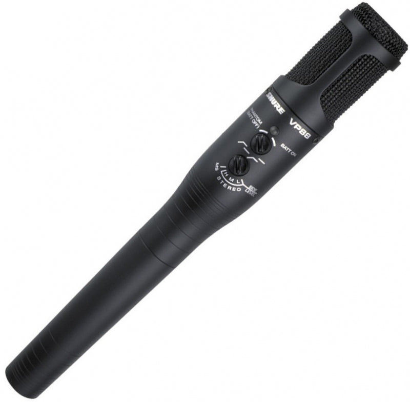 Black Shure VP88 microphone with mesh head and controls on body visible against white background.