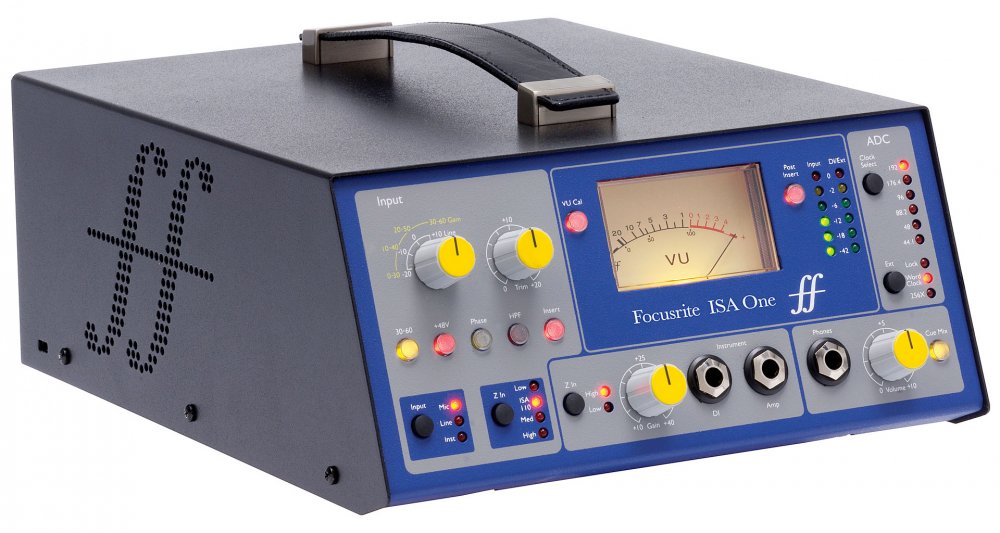 Focusrite ISA One audio interface device with control knobs, VU meter, and multiple input/output connectors.