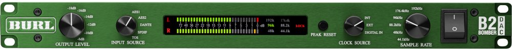 Front panel of a green Burl Audio B2 Bomber DAC with knobs, switches, and LED meters.
