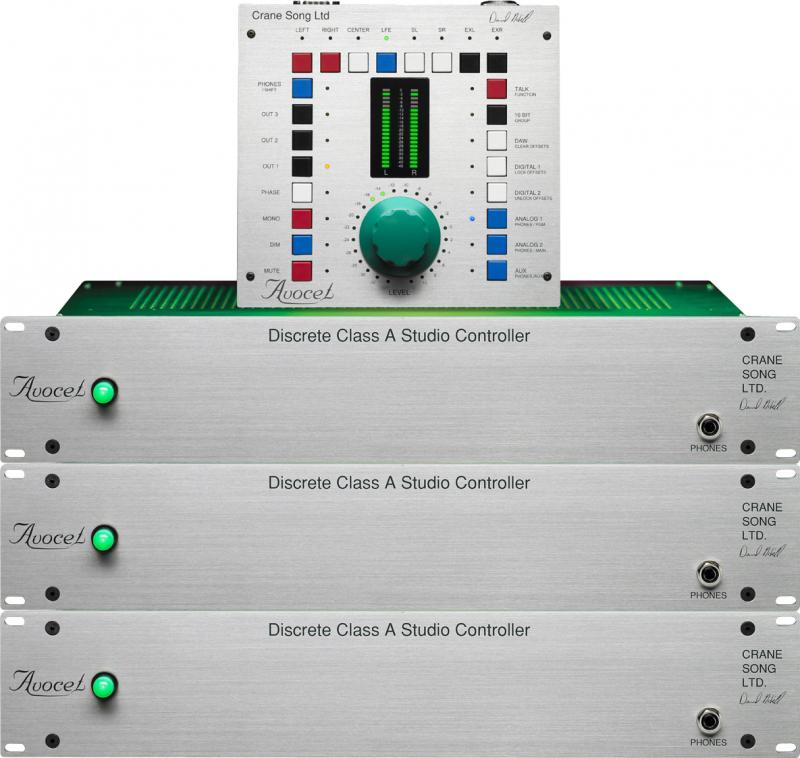 Front view of Crane Song Avocet audio monitor controller with multiple rack units and a control panel with buttons, knob, and level meter.