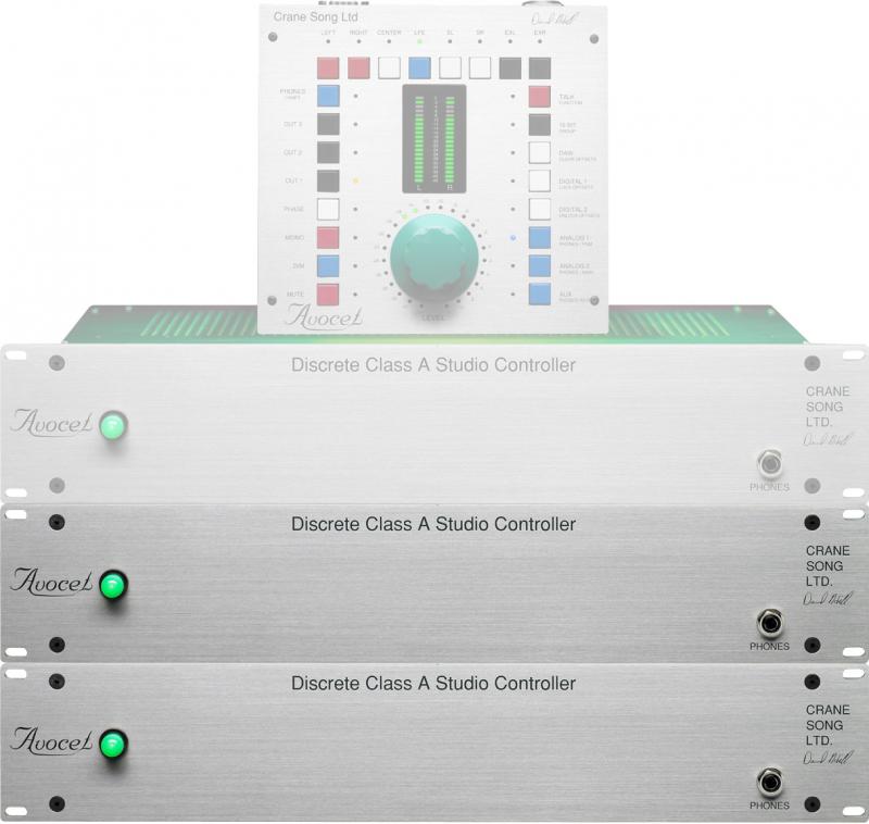 Three Crane Song Avocet Discrete Class A Studio Controllers stacked with one front panel module above them