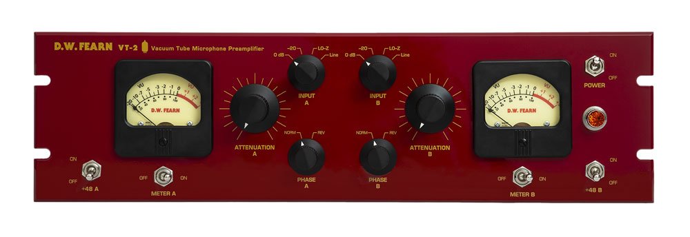 Front panel of a red D.W. FEARN VT-2 vacuum tube microphone preamplifier with meters, knobs, and toggle switches.