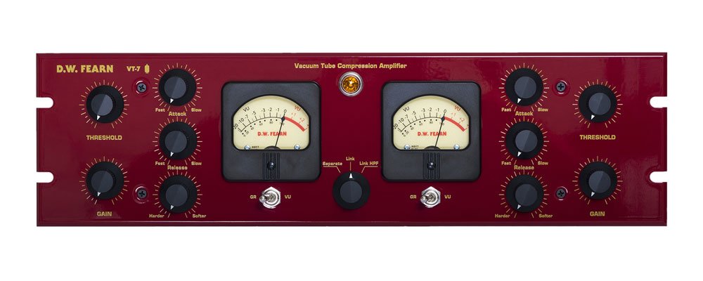 Front panel of a red D.W. FEARN VT-7 Vacuum Tube Compression Amplifier with knobs, meters, and switches.