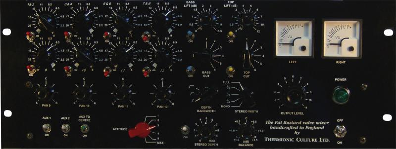 Black valve mixer front panel with multiple knobs, switches, two VU meters, and a green power light.