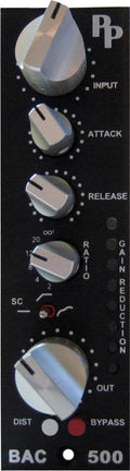 Close-up front view of an audio processor panel with five control knobs and two indicator lights.