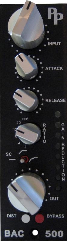 Close-up front view of an audio processor panel with five control knobs and two indicator lights.
