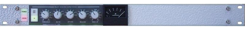 Rackmount stereo compressor unit with knobs, a switch, meter, and power indicator lights on the front panel.