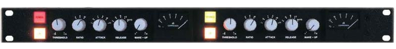 Front panel of a dual-channel audio compressor with knobs, buttons, and a needle meter, in black metal housing.