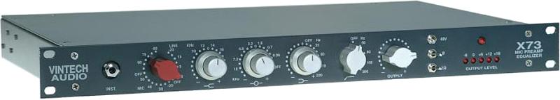 Black rackmount audio device with knobs and switches labeled for mic preamp equalizer functions